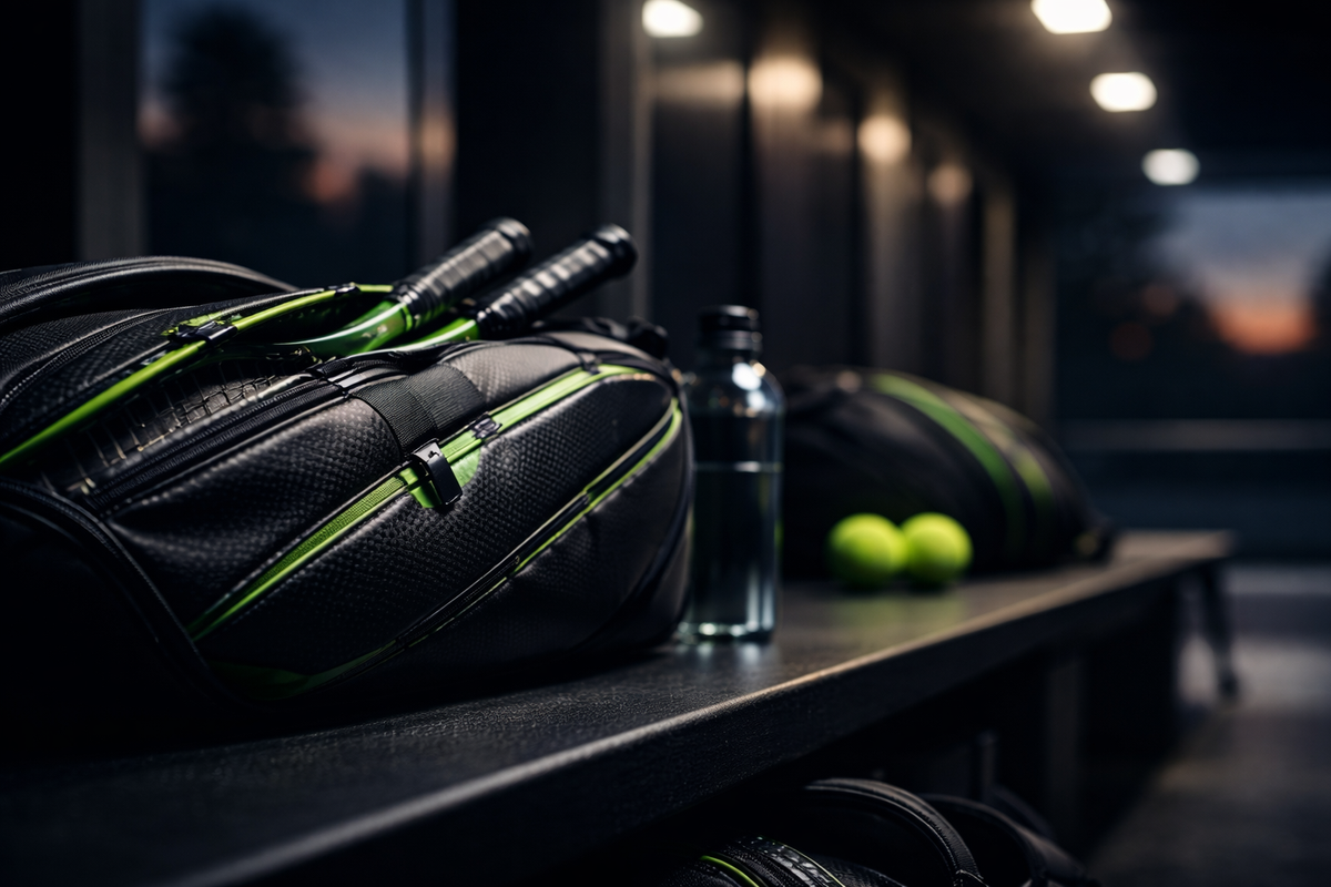 a tennis bag and gear blurred in the background,