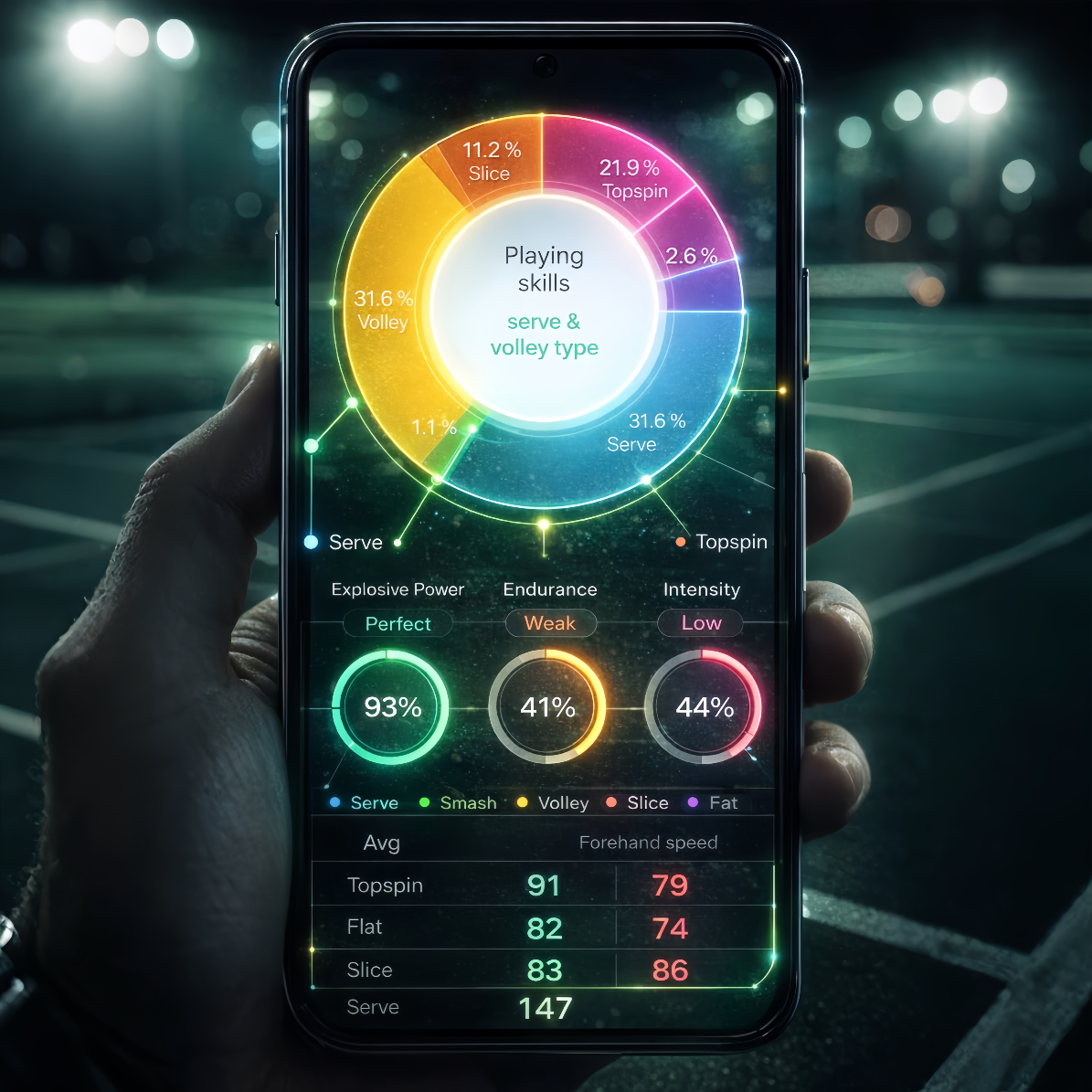 Close up shot of a smartphone screen displaying a complex tennis performance graph with neon green lines, dark UI design, blurred tennis court background at night, bokeh effect, high tech conceptual style.