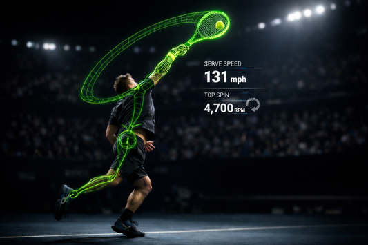 STA 4.0 smart sensor visualizing 3D tennis serve trajectory and swing arc data on a smartphone app