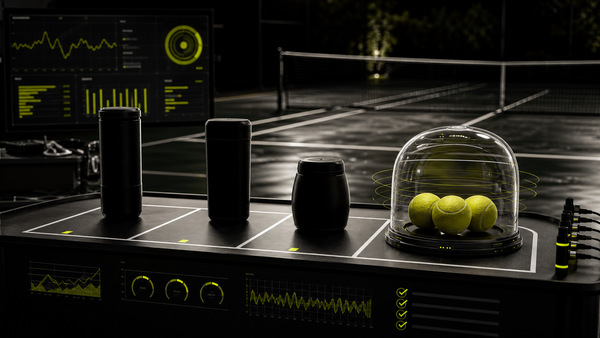 Sports science bench comparing tennis ball pressurizer options with data overlays