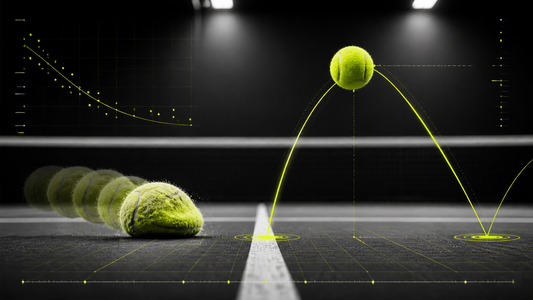 Tennis ball bounce test with low and high bounce paths on indoor court
