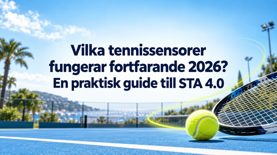 Svensk guide till tennissensorer 2026 och STA 4.0, med tennisboll, racket och rörelsespår på en ljus blå bana