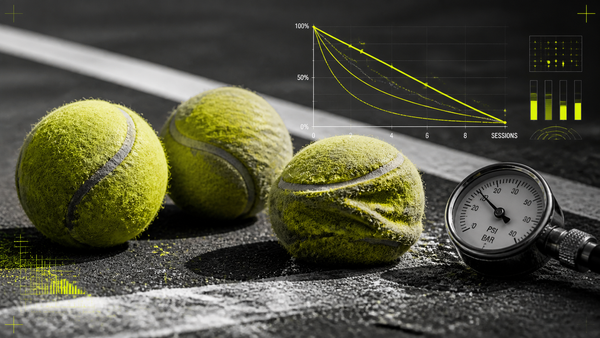 Three worn tennis balls with pressure gauge and bounce decay overlay on a hard court