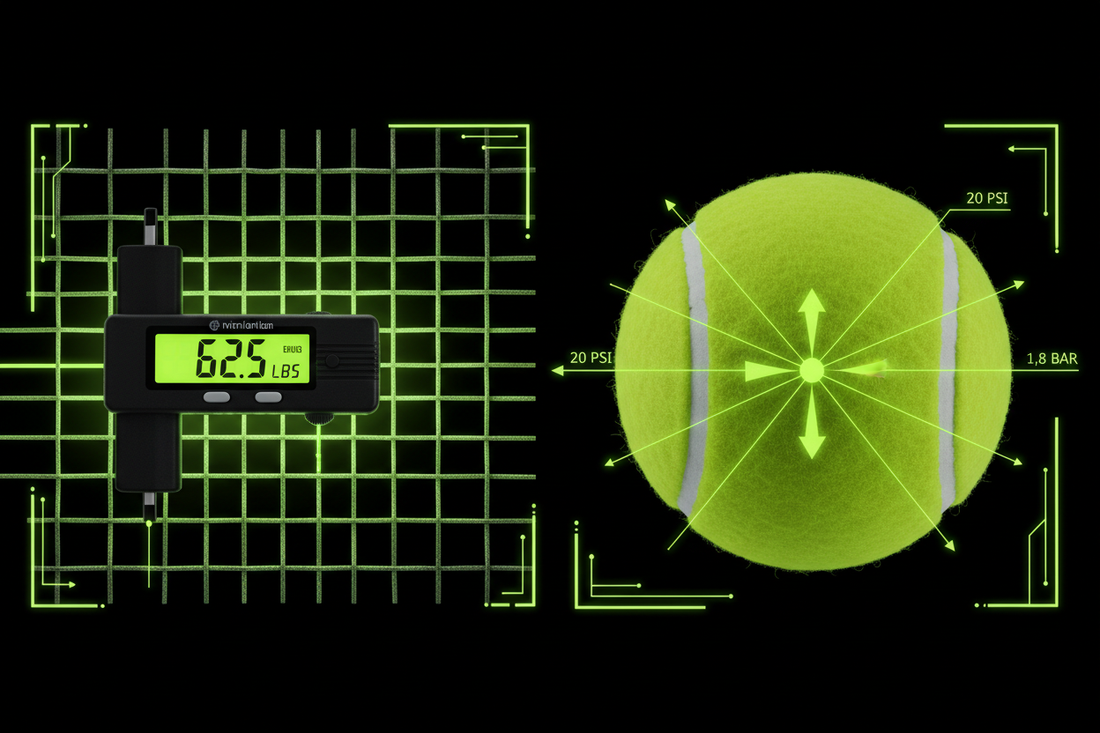 Split composition of tennis racket strings with tension gauge and tennis ball cross-section showing internal pressure chamber with neon yellow-green technical diagram overlay — Aura Tide Collective Equipment Science
