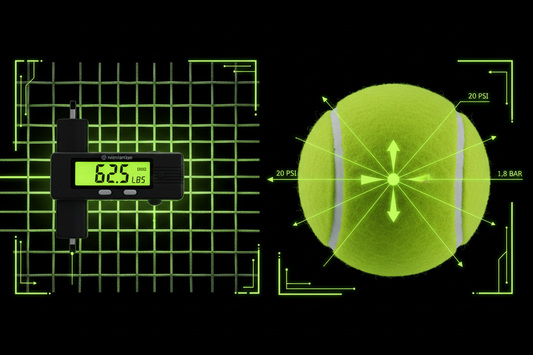 Split composition of tennis racket strings with tension gauge and tennis ball cross-section showing internal pressure chamber with neon yellow-green technical diagram overlay — Aura Tide Collective Equipment Science