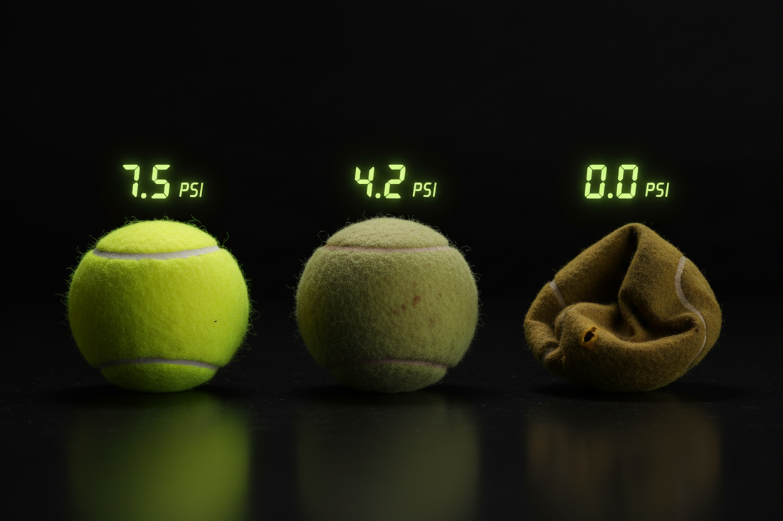 Three tennis balls in progressive states of pressure loss side by side with neon yellow-green PSI gauge readings floating above each ball — Aura Tide Collective Equipment Science