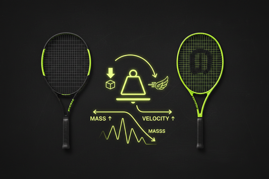 Two tennis rackets side by side flat lay with neon yellow-green weight scale and swing speed vector arrows showing mass versus velocity trade-off — Aura Tide Collective Equipment Science