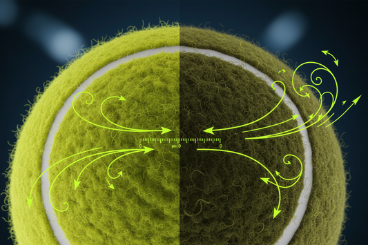 Macro close-up of tennis ball felt surface split between fresh upright fibers and worn flat fibers with neon yellow-green airflow direction arrows showing aerodynamic difference — Aura Tide Collective Equipment Science