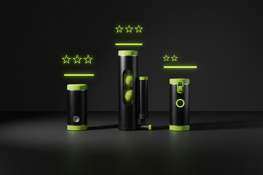 Three tennis ball pressurizer canisters in product comparison flat lay with neon yellow-green performance rating bars and metric indicators — Aura Tide Collective Equipment Science