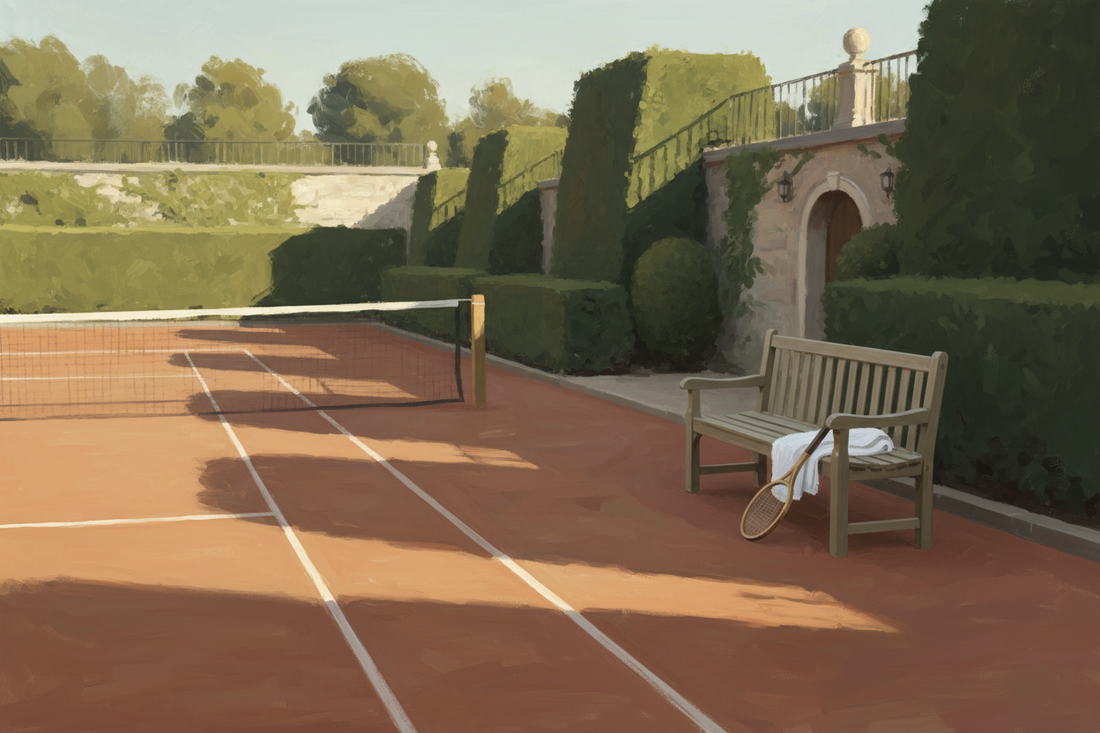 A private clay tennis court at a European estate at golden hour — setting the scene for a guide on tennis sensor technology and performance data