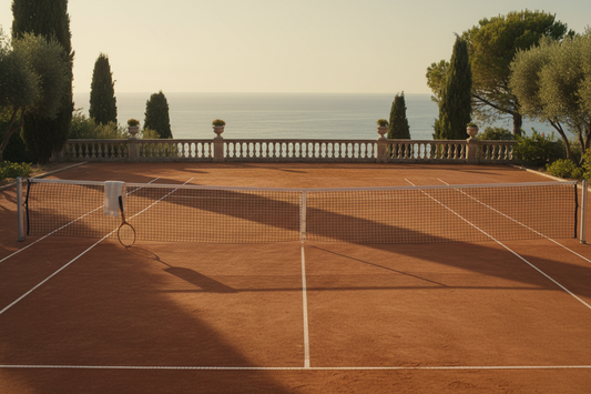 A private coastal estate tennis court at golden hour overlooking the Mediterranean — setting the scene for a guide on the Babolat Play app shutdown and what still works in 2026