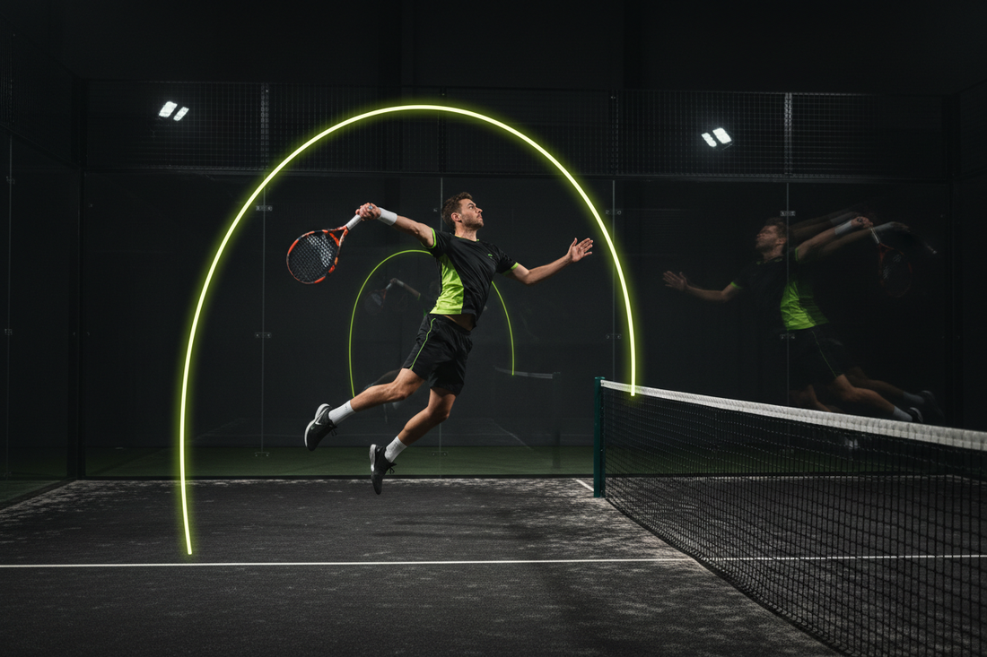 Tennis player at padel net mid-volley with excessive backswing shown by neon yellow-green motion arc overlay comparing over-hit versus compact correct stroke — Aura Tide Collective Padel Frontier