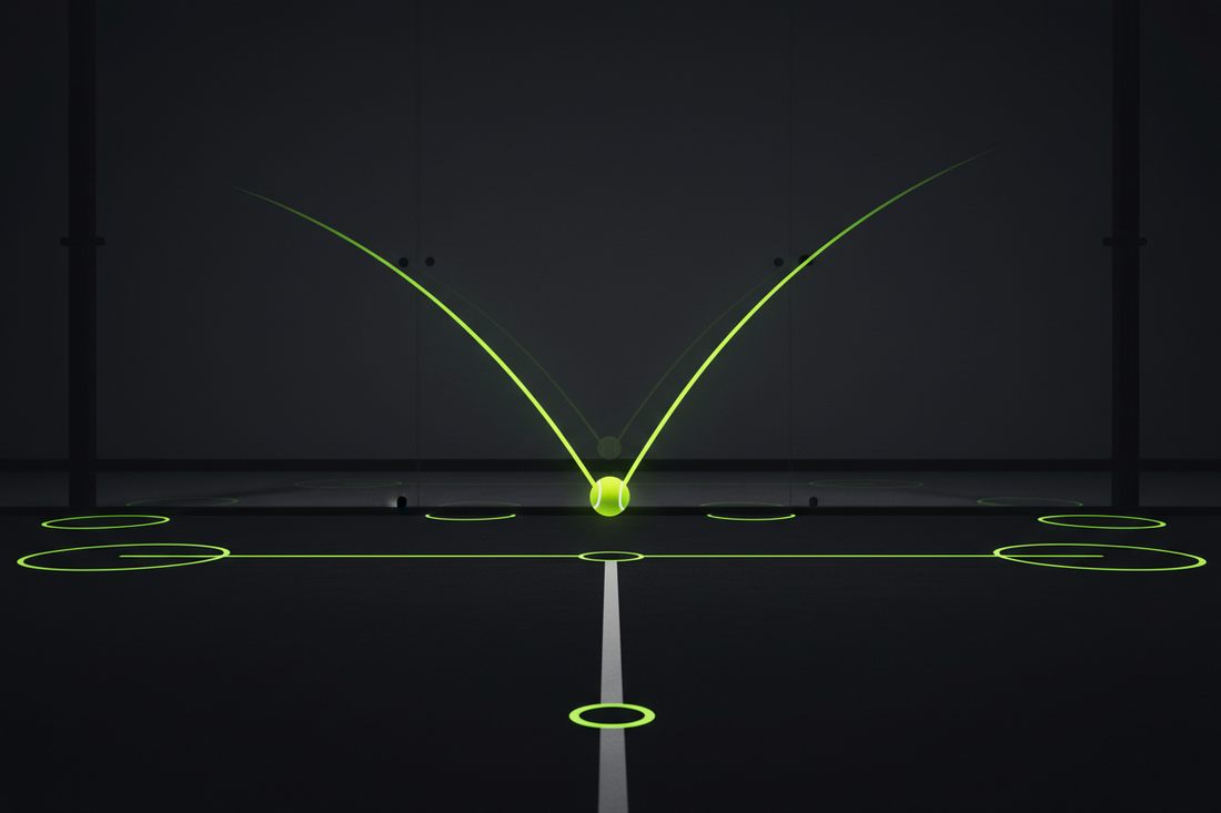 Padel court back glass wall with tennis ball mid-rebound showing neon yellow-green trajectory prediction lines and court zone markers for reading glass wall angles — Aura Tide Collective Padel Frontier