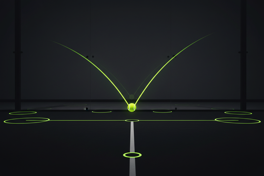Padel court back glass wall with tennis ball mid-rebound showing neon yellow-green trajectory prediction lines and court zone markers for reading glass wall angles — Aura Tide Collective Padel Frontier