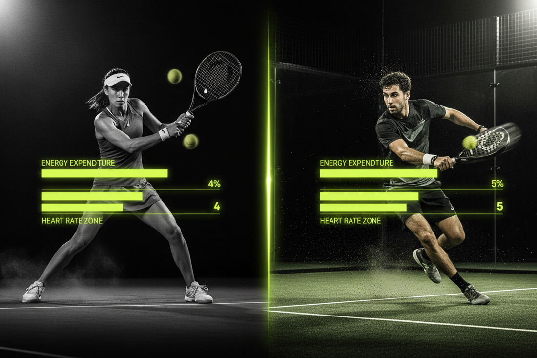 Split screen of tennis player in baseline stance versus padel player in explosive lateral sprint with neon yellow-green heart rate zone and energy expenditure data bars overlaid — Aura Tide Collective Padel Frontier