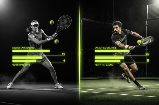 Split screen of tennis player in baseline stance versus padel player in explosive lateral sprint with neon yellow-green heart rate zone and energy expenditure data bars overlaid — Aura Tide Collective Padel Frontier