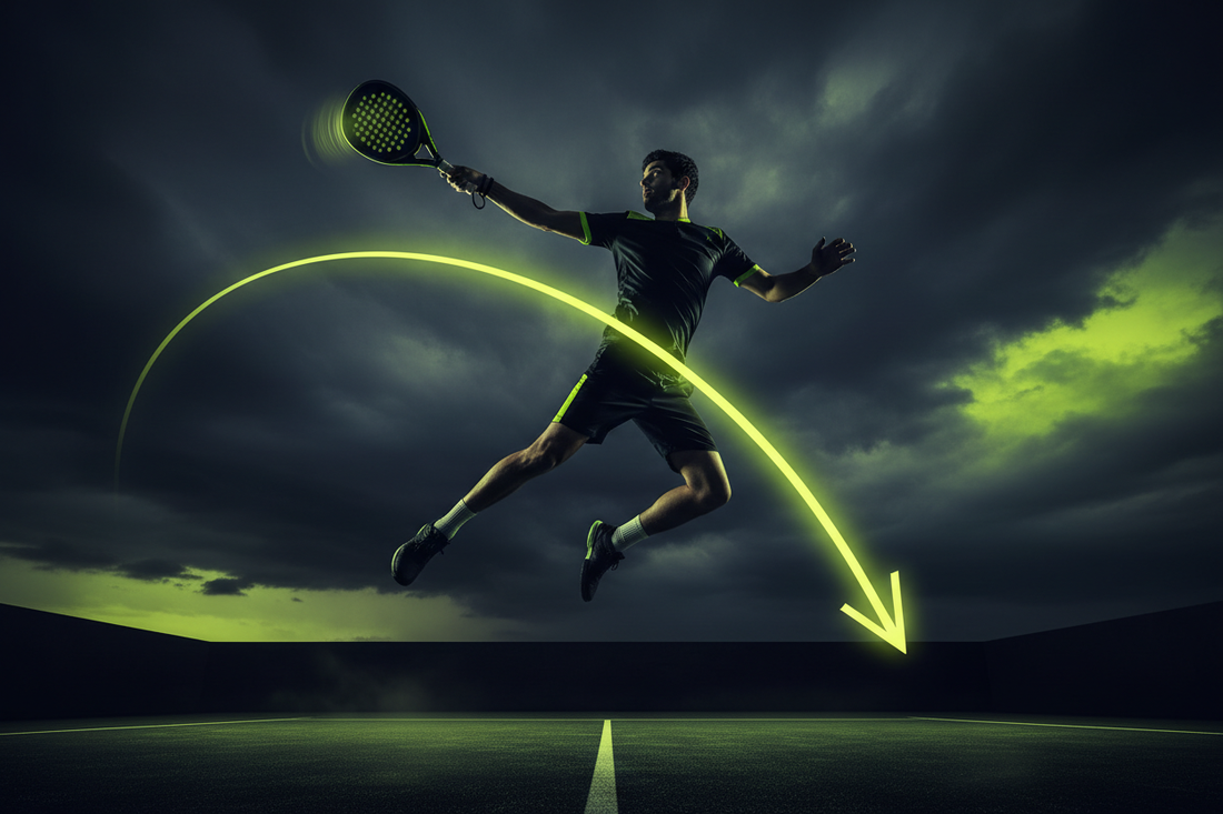 Padel player at peak of bandeja overhead shot with neon yellow-green swing path arc and wrist rotation angle overlay showing signature downward trajectory — Aura Tide Collective Padel Frontier
