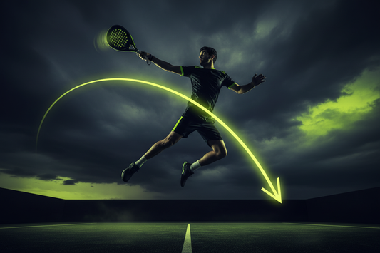 Padel player at peak of bandeja overhead shot with neon yellow-green swing path arc and wrist rotation angle overlay showing signature downward trajectory — Aura Tide Collective Padel Frontier