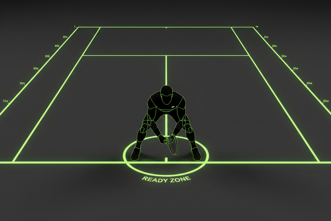 Top-down tactical diagram of tennis court showing return position zones with distance markers behind the baseline — Aura Tide Collective Performance Lab
