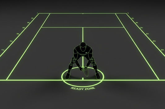 Top-down tactical diagram of tennis court showing return position zones with distance markers behind the baseline — Aura Tide Collective Performance Lab