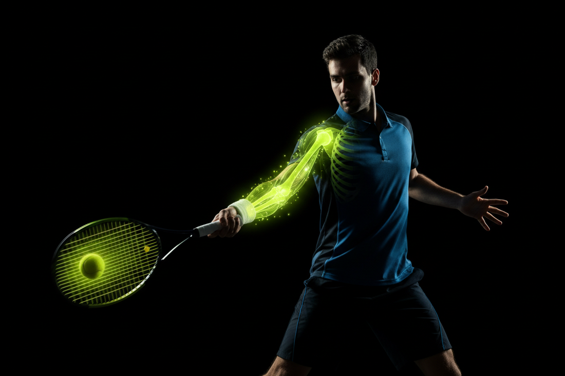 Tennis player mid-backhand with biomechanical muscle tension overlay on arm and shoulder showing pressure-induced technique breakdown — Aura Tide Collective Performance Lab