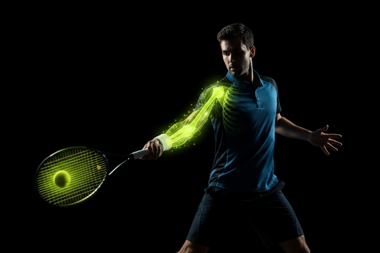 Tennis player mid-backhand with biomechanical muscle tension overlay on arm and shoulder showing pressure-induced technique breakdown — Aura Tide Collective Performance Lab