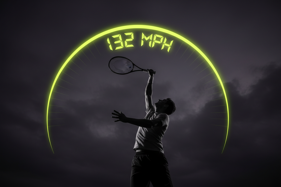 Tennis player in full serve trophy position with neon yellow-green speed arc overlay showing mph velocity measurement — Aura Tide Collective Performance Lab
