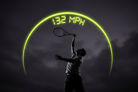 Tennis player in full serve trophy position with neon yellow-green speed arc overlay showing mph velocity measurement — Aura Tide Collective Performance Lab