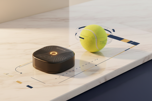 STA 4.0 tennis sensor beside a spinning tennis ball — measuring spin rate RPM to close the gap between perceived and actual topspin