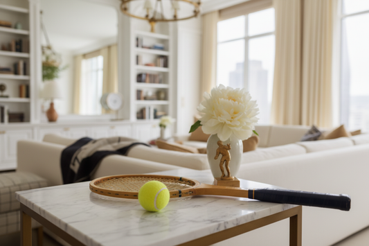 A tennis racket resting in a refined New York interior — the gap between feel and data in tennis training