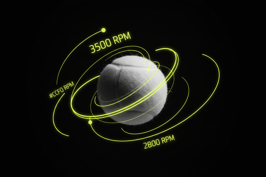 Tennis ball mid-air showing topspin rotation with data overlay displaying RPM numbers and spin trajectory arc