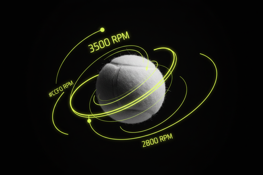 Tennis ball mid-air showing topspin rotation with data overlay displaying RPM numbers and spin trajectory arc