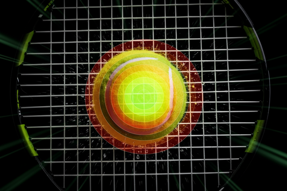 Close-up of tennis racket strings at ball impact showing sweet spot contact zone highlighted with neon yellow-green heat map overlay — Aura Tide Collective Performance Lab