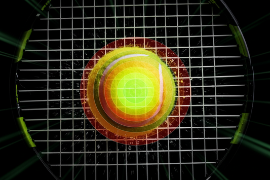Close-up of tennis racket strings at ball impact showing sweet spot contact zone highlighted with neon yellow-green heat map overlay — Aura Tide Collective Performance Lab