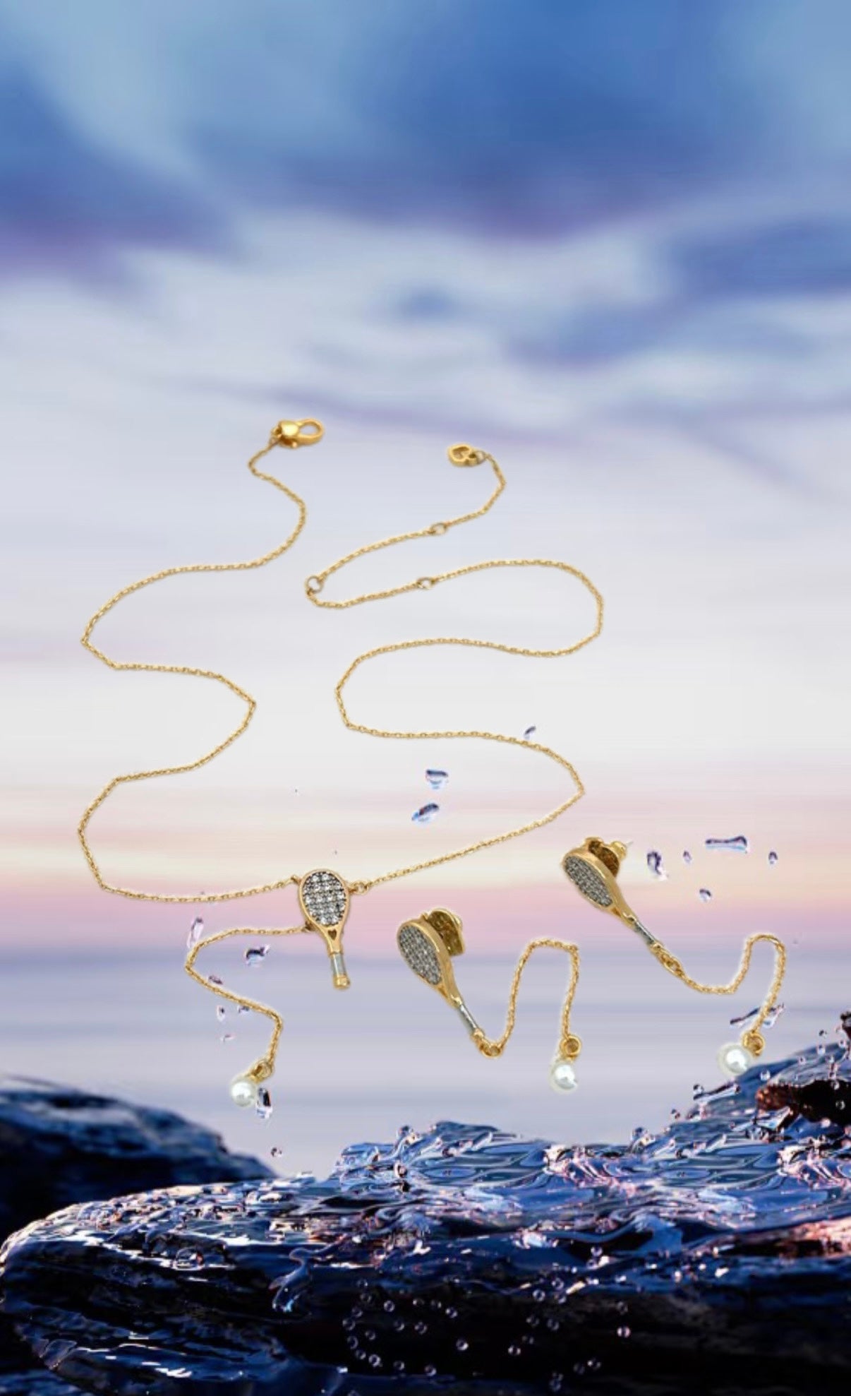 Unique tennis racket collarbone chain earrings – tennis jewelry in {{ product_color }} | Aura Tide Collective | Shop Unique tennis racket collarbone chain earrings online for {{ product_tags | join: ", " }} – Fast shipping worldwide.