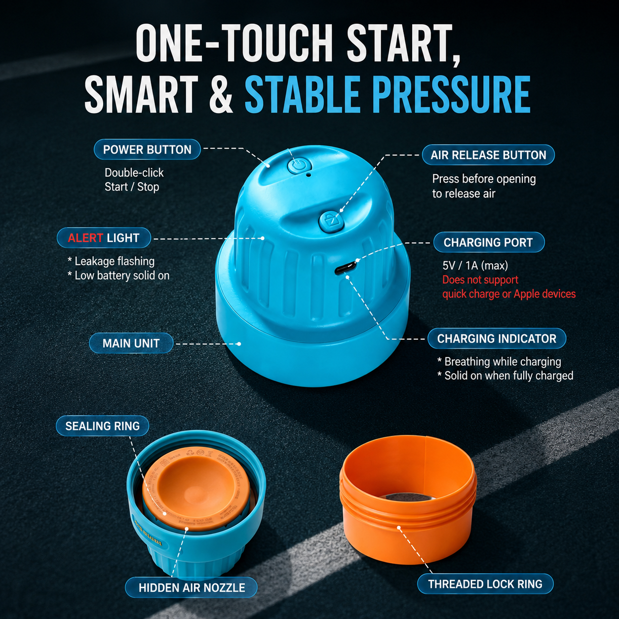 One touch smart tennis ball pressure cap controls and sealing ring