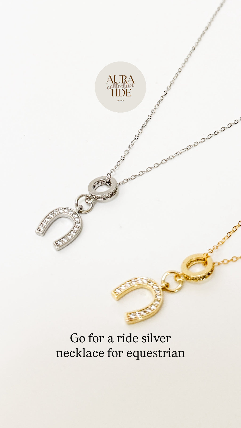 Go for a ride silver plated horseshoe necklace – Equin jewelry in {{ product_color }} | Aura Tide Collective | Shop Go for a ride silver plated horseshoe necklace online for {{ product_tags | join: ", " }} – Fast shipping worldwide.
