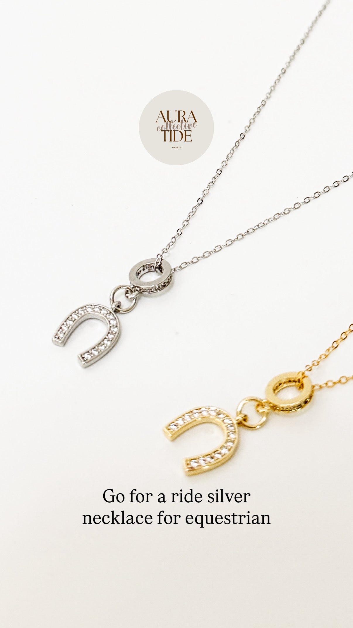 Go for a ride silver plated horseshoe necklace – Equin jewelry in {{ product_color }} | Aura Tide Collective | Shop Go for a ride silver plated horseshoe necklace online for {{ product_tags | join: ", " }} – Fast shipping worldwide.