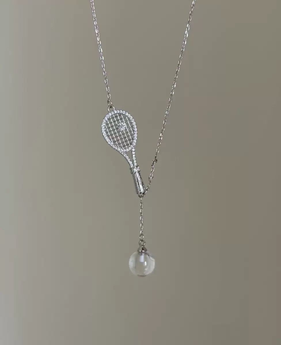 Old-money brushed-finish tennis-racket crystal-ball necklace & bracelet – tennis jewelry in {{ product_color }} | Aura Tide Collective | Shop Old-money brushed-finish tennis-racket crystal-ball necklace & bracelet online for {{ product_tags | join: ", " }} – Fast shipping worldwide.
