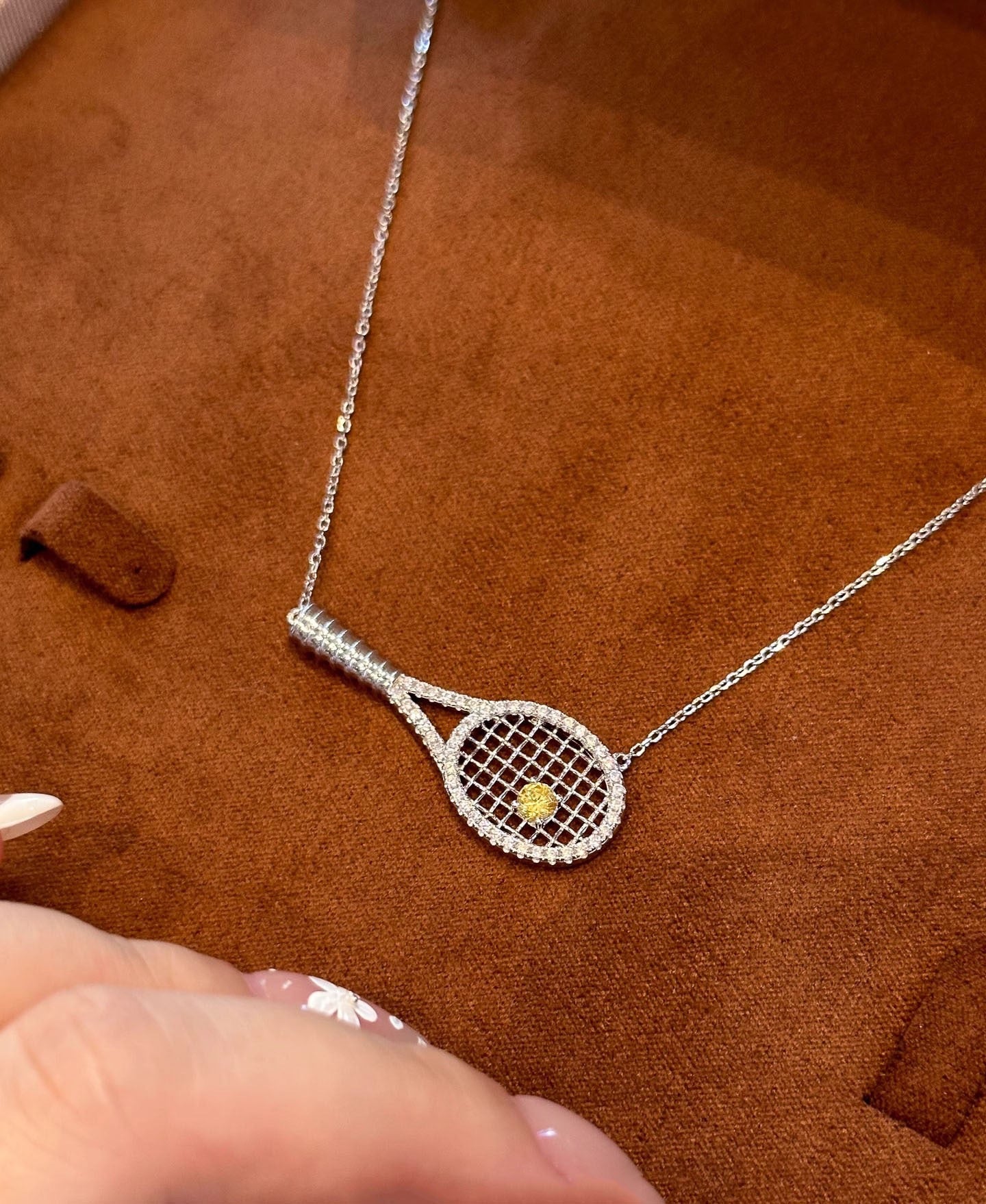 Old-money color-diamond tennis-racket necklace – tennis jewelry in {{ product_color }} | Aura Tide Collective | Shop Old-money color-diamond tennis-racket necklace online for {{ product_tags | join: ", " }} – Fast shipping worldwide.