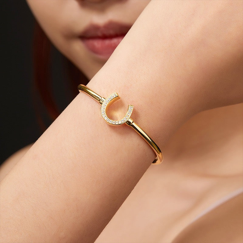 The bund adjustable silver-plated 18k gold Moissanite horseshoe bracelet – Equin jewelry in {{ product_color }} | Aura Tide Collective | Shop The bund adjustable silver-plated 18k gold Moissanite horseshoe bracelet online for {{ product_tags | join: ", " }} – Fast shipping worldwide.