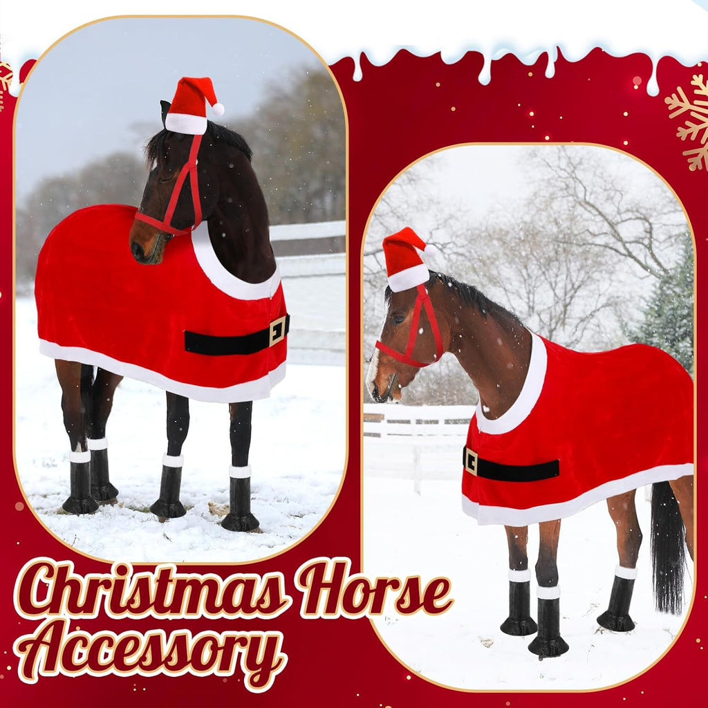 Christmas Horse Cloak, Red Plush Horse Hat, Leg Protection, and Reins