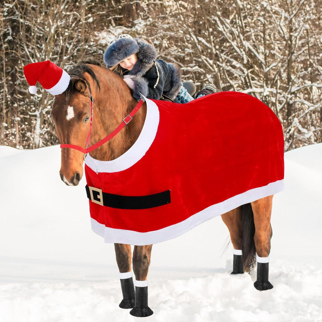 Christmas Horse Cloak, Red Plush Horse Hat, Leg Protection, and Reins
