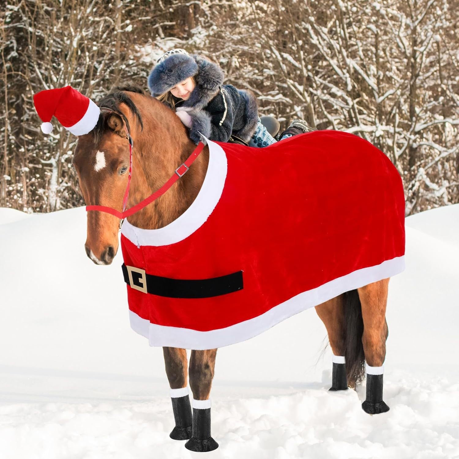 Christmas Horse Cloak, Red Plush Horse Hat, Leg Protection, and Reins