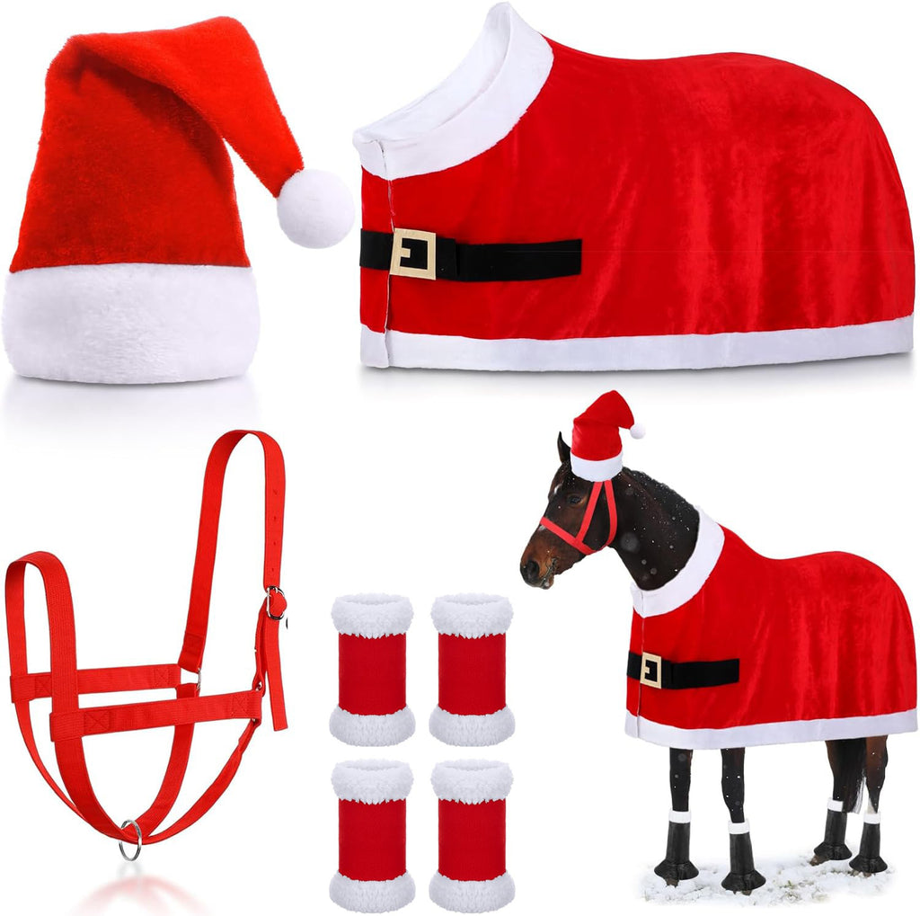 Christmas Horse Cloak, Red Plush Horse Hat, Leg Protection, and Reins