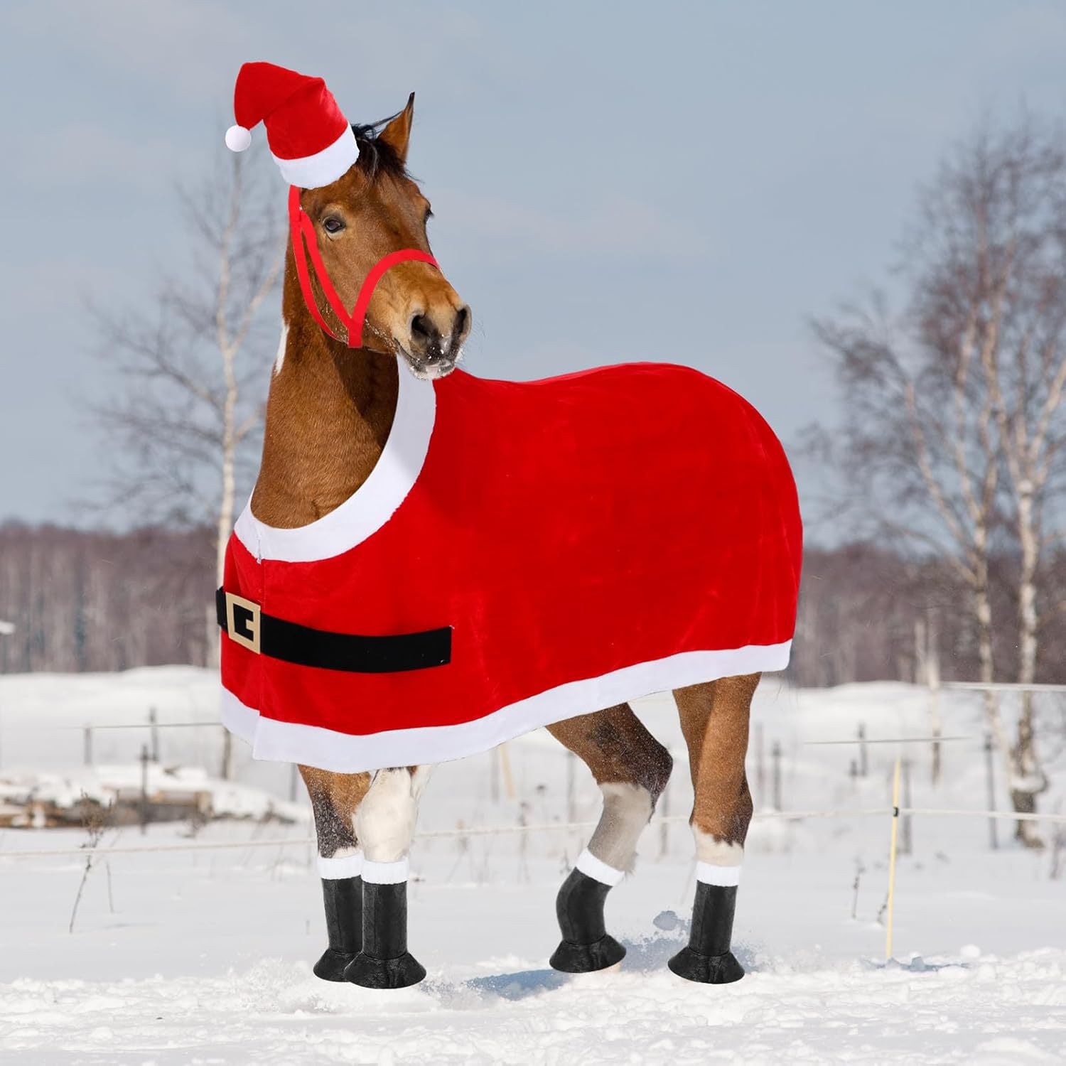Christmas Horse Cloak, Red Plush Horse Hat, Leg Protection, and Reins